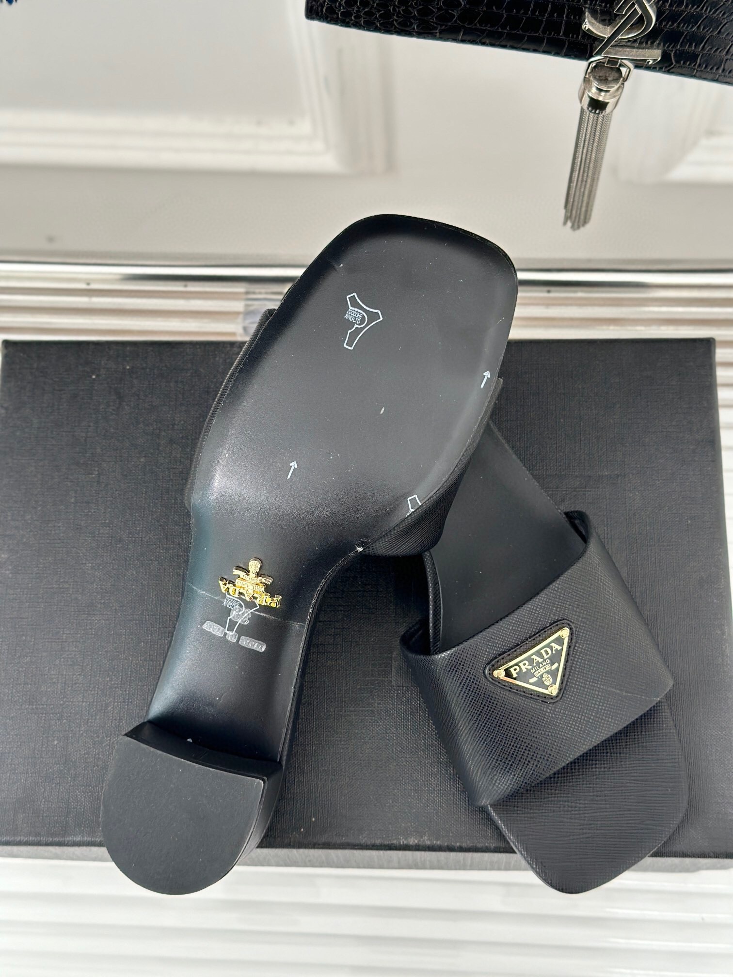 Pra*a heeled sandals 35mm in black saffiano leather
