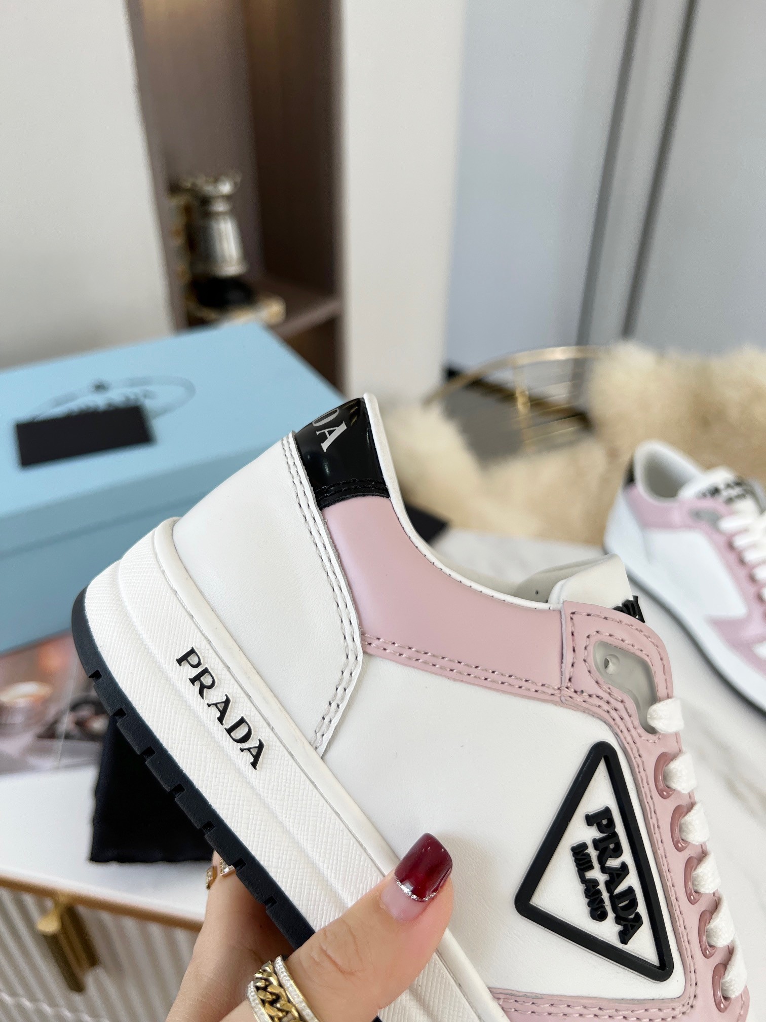 Pra*a district sneakers in white and pink calfskin