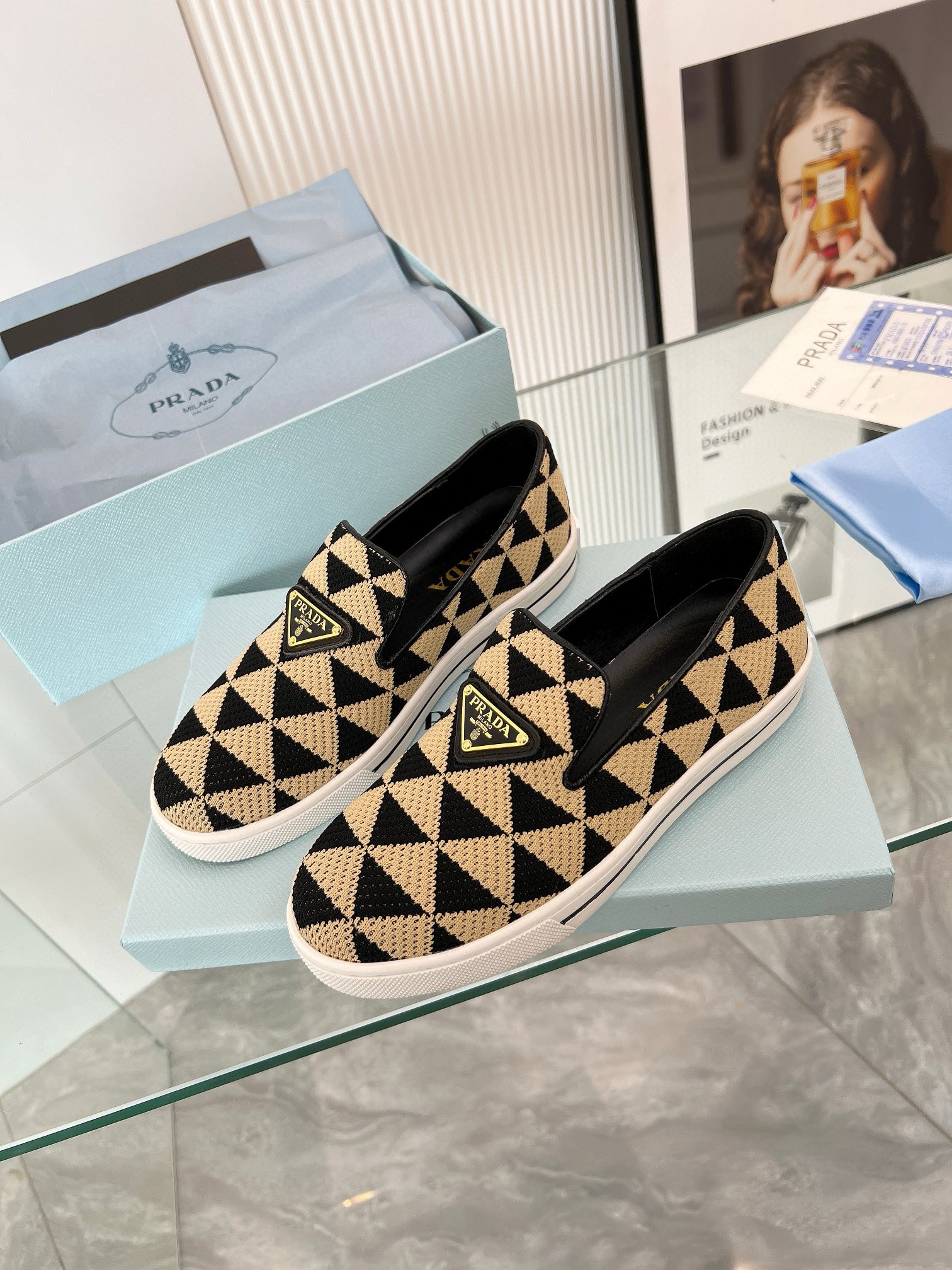 Pra*a slip-on sneakers in black/beige embroidered fabric