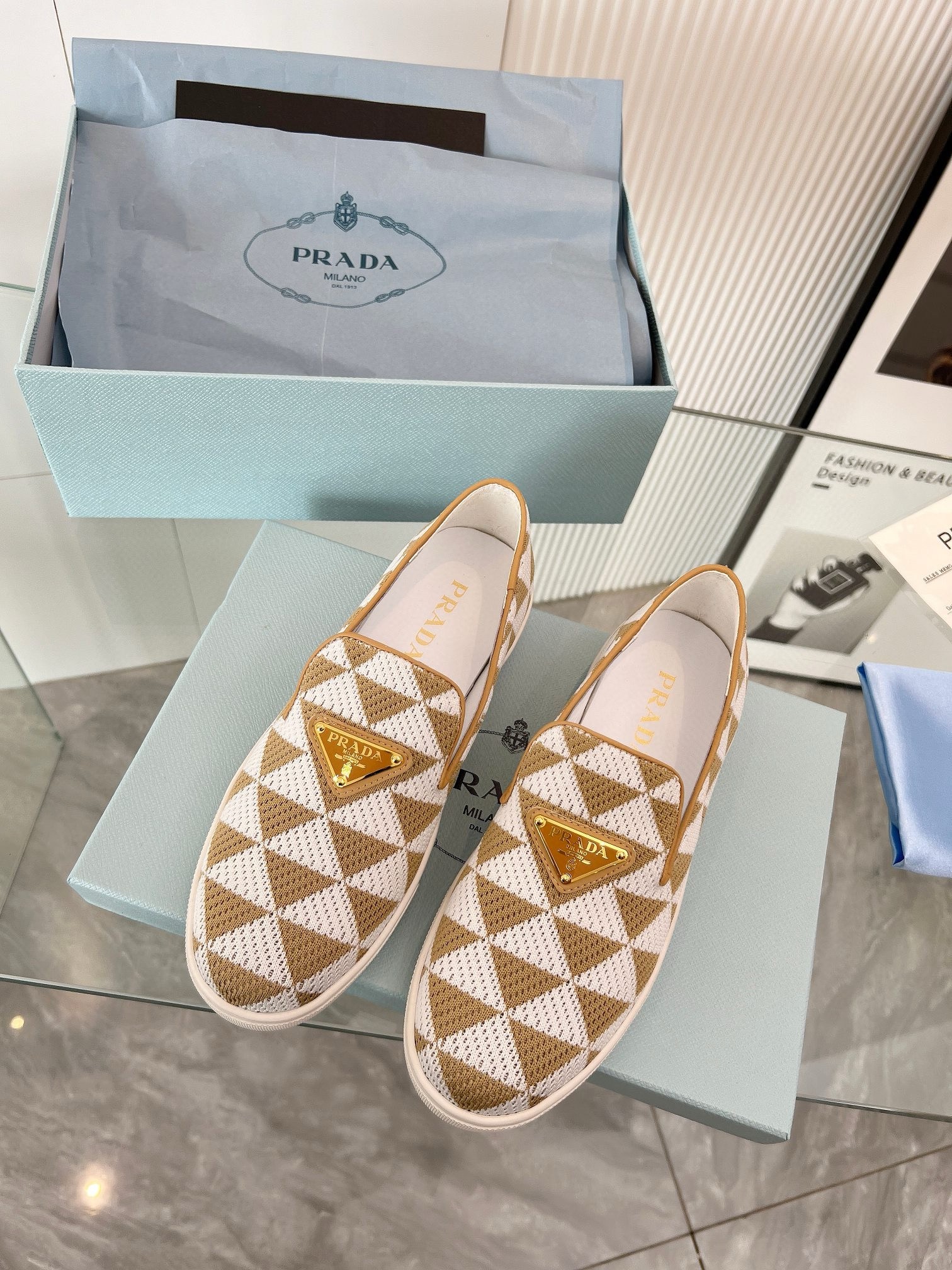 Pra*a slip-on sneakers in white/beige embroidered fabric