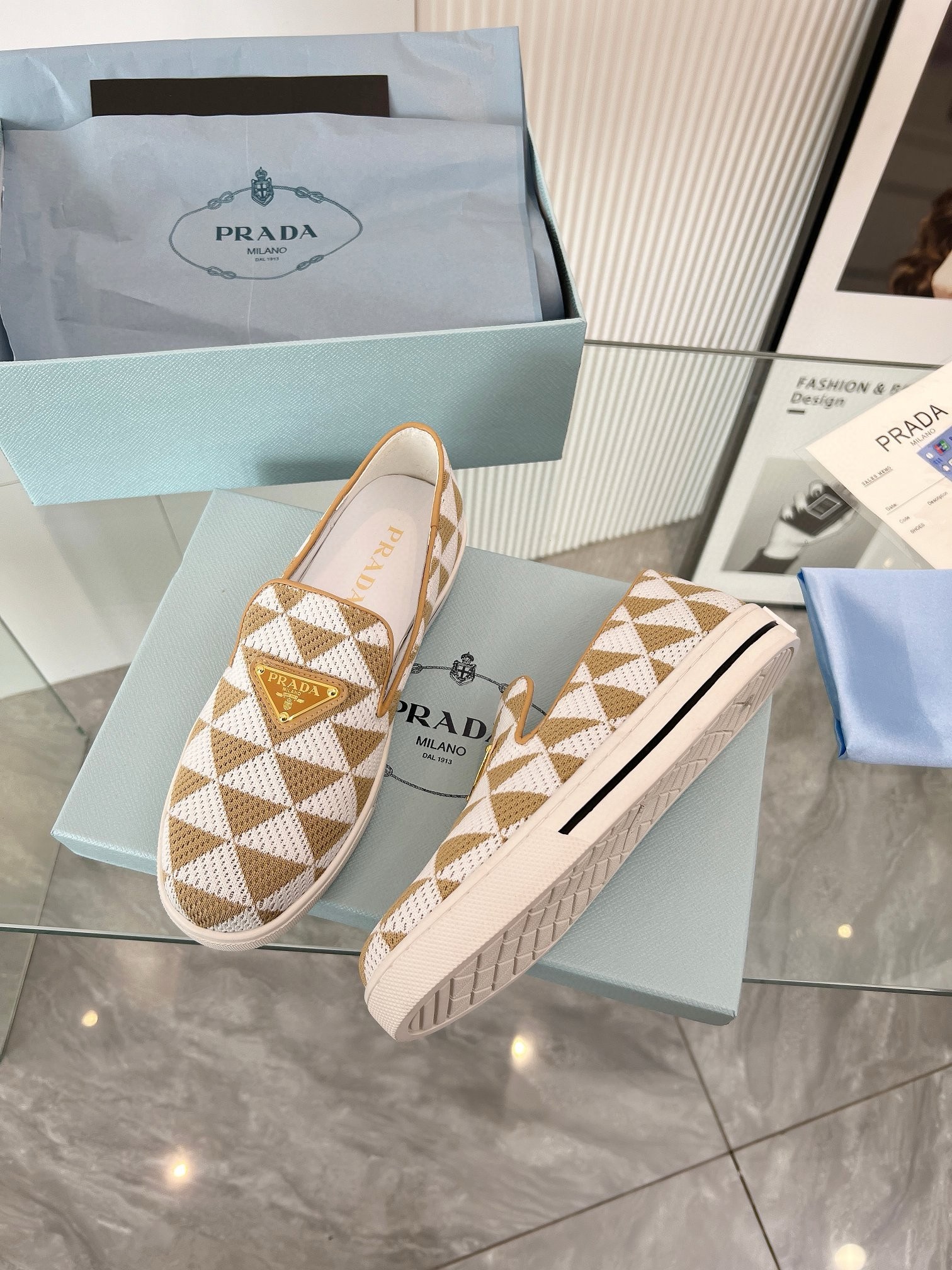 Pra*a slip-on sneakers in white/beige embroidered fabric