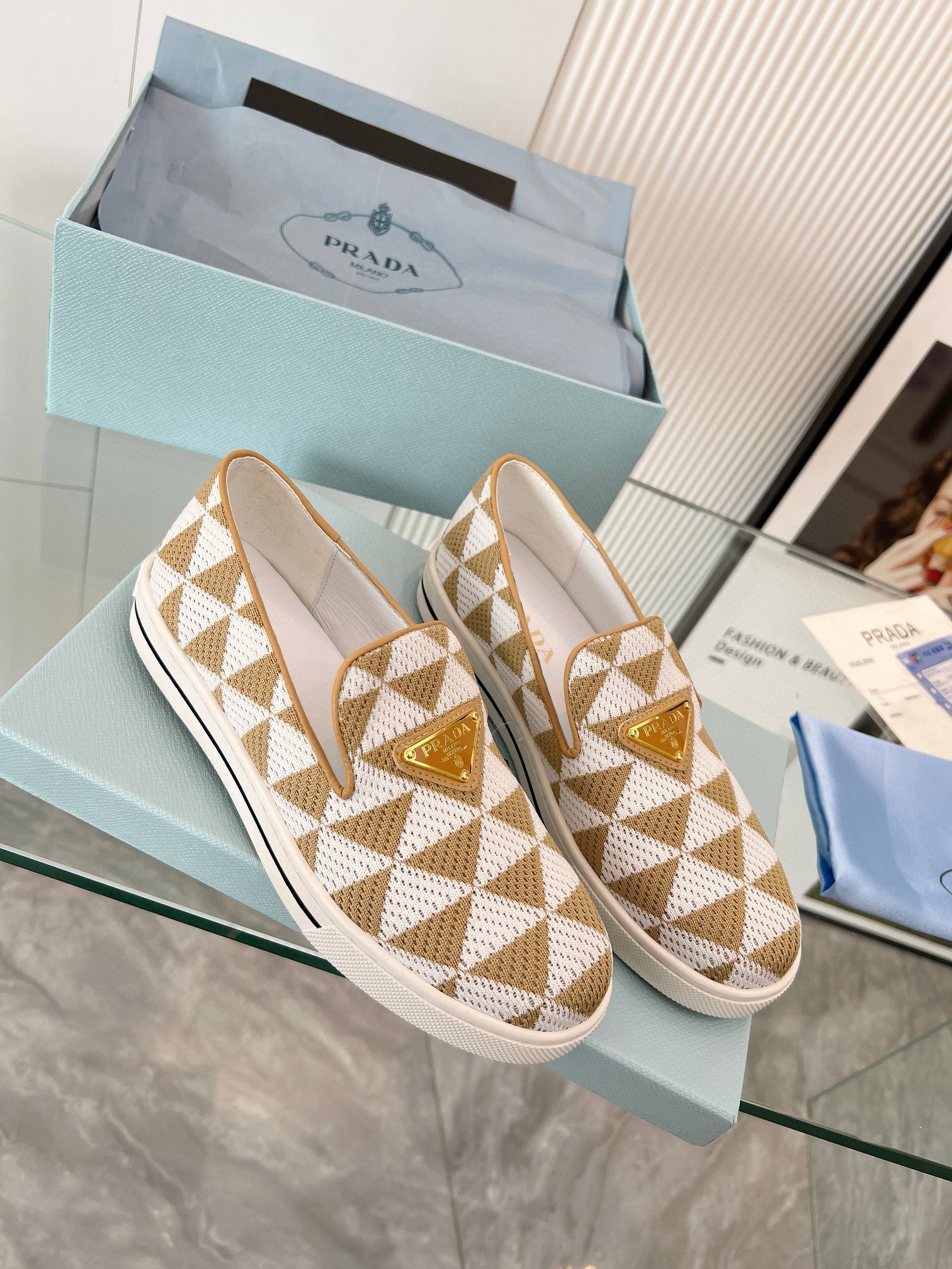 Pra*a slip-on sneakers in white/beige embroidered fabric
