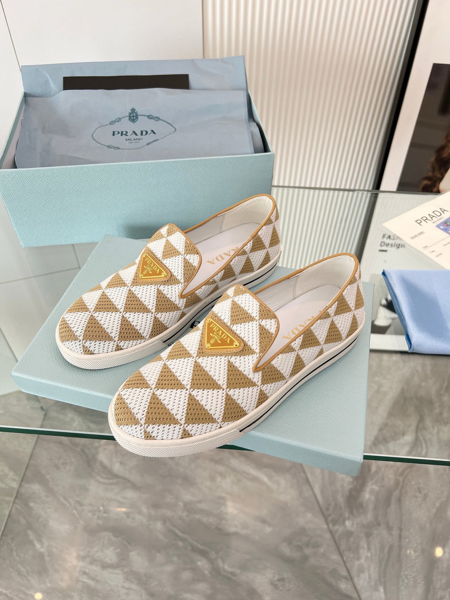 Pra*a slip-on sneakers in white/beige embroidered fabric