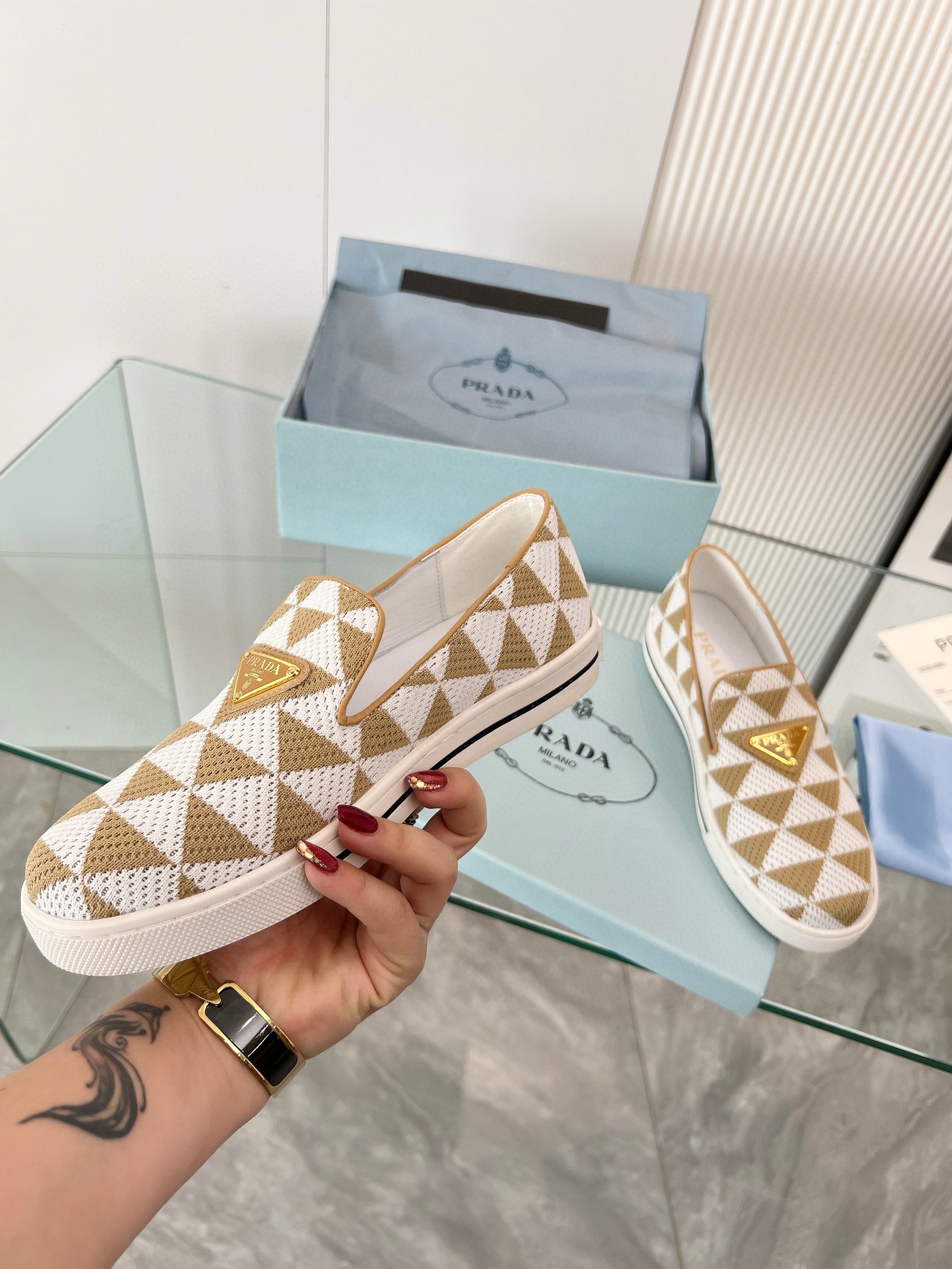 Pra*a slip-on sneakers in white/beige embroidered fabric
