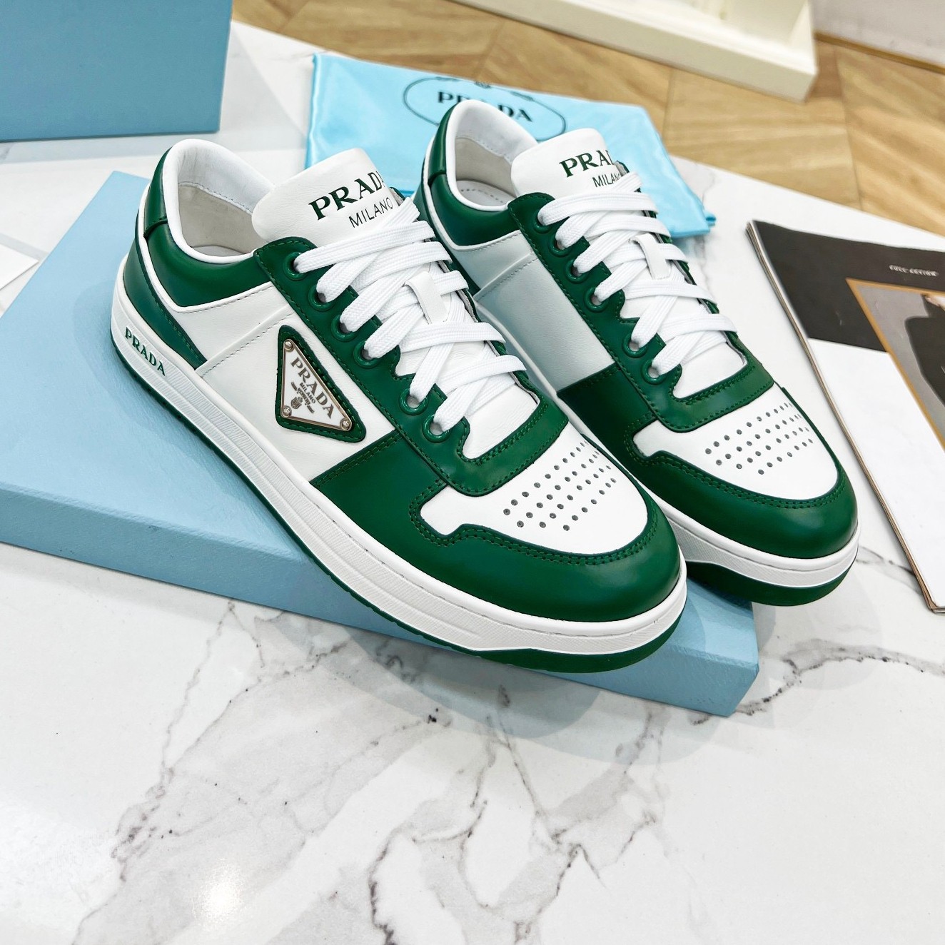 Pra*a downtown sneakers in white and green calfskin