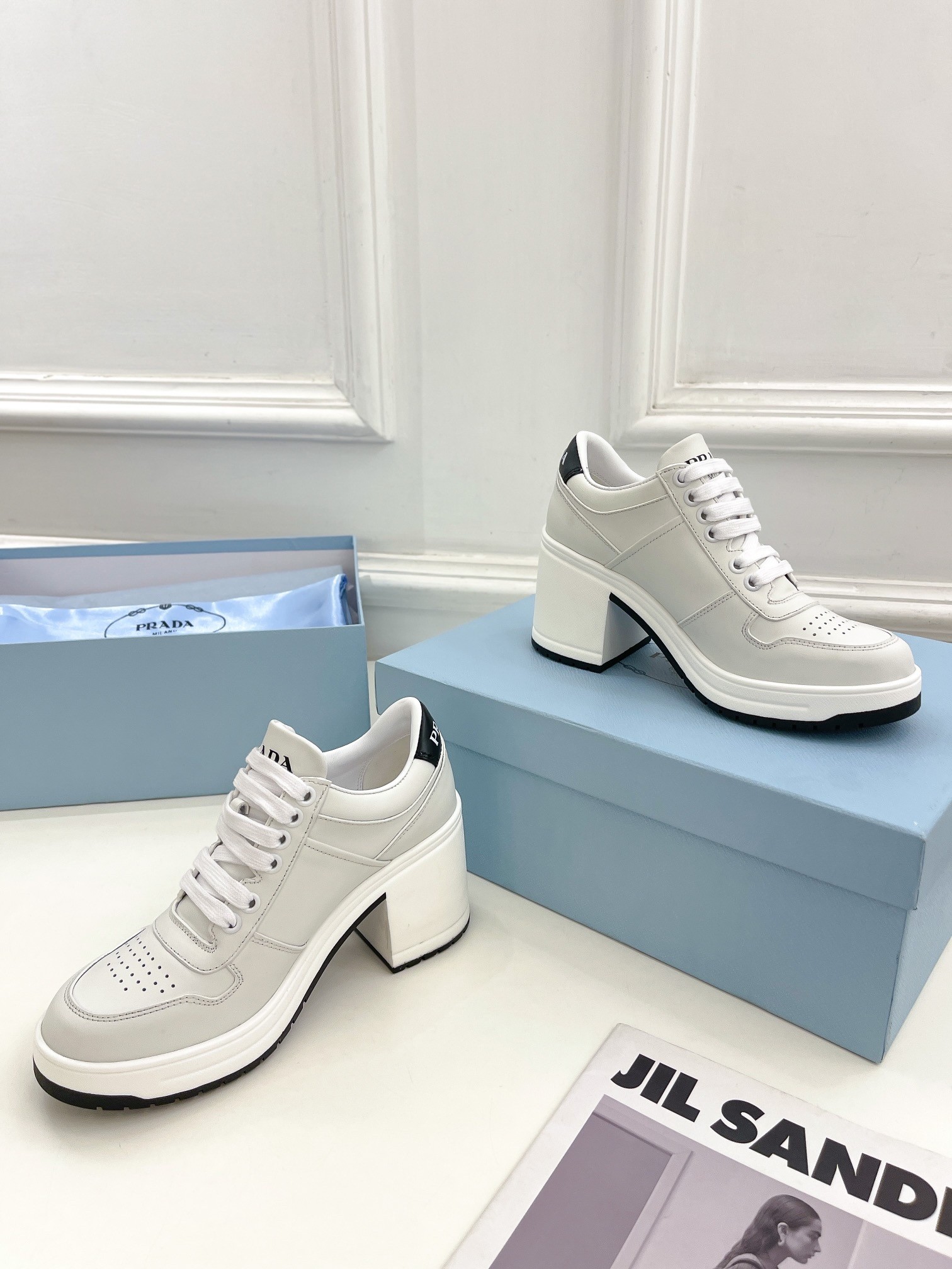 Pra*a downtown high-heeled sneakers in white leather