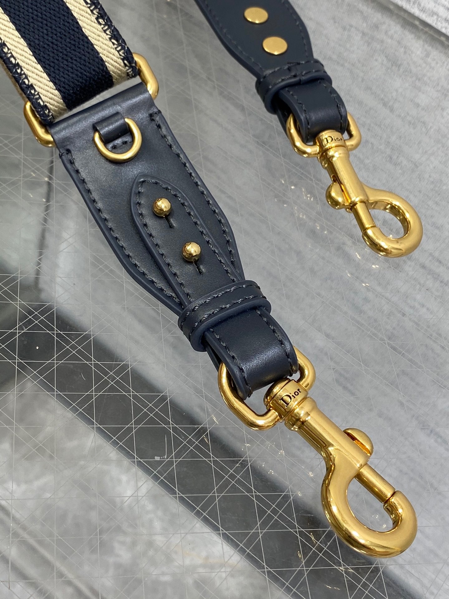 D*or adjustable shoulder strap with ring in blue embroidery canvas