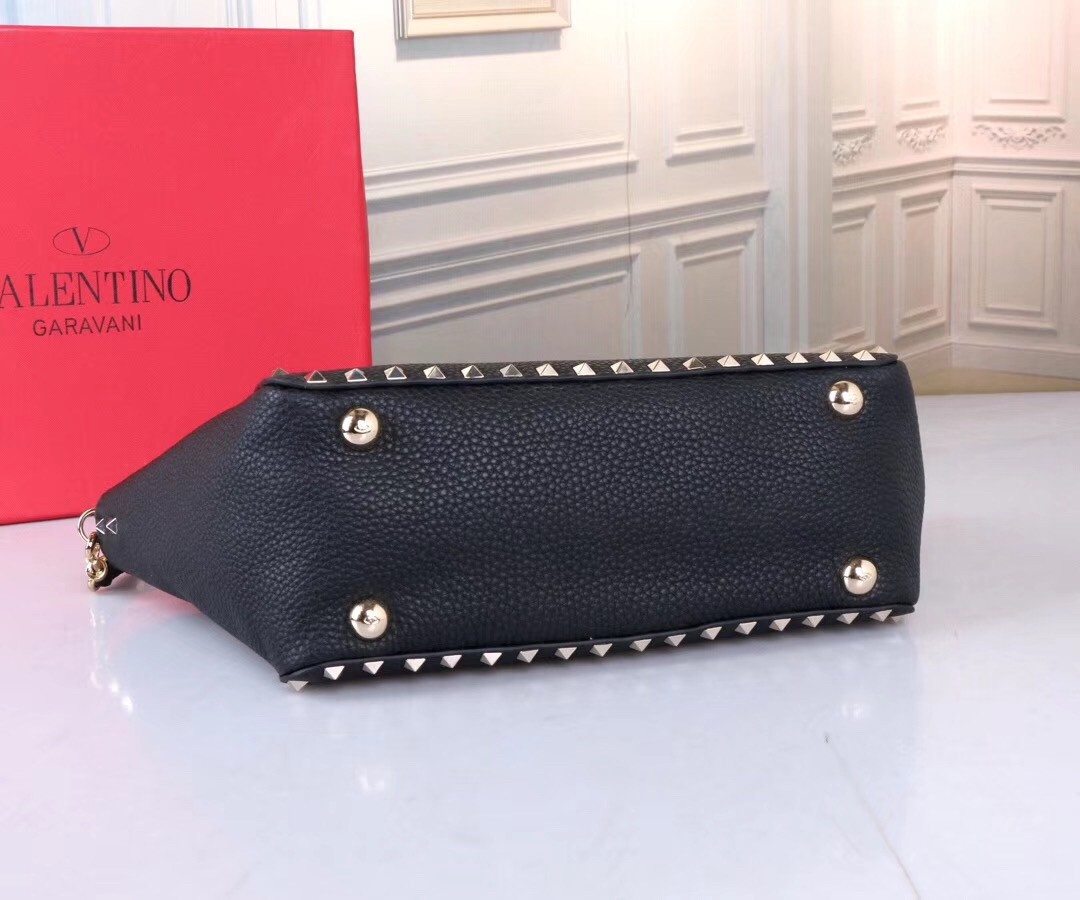 Valentino Small Rockstud Tote In Black Grain Calfskin