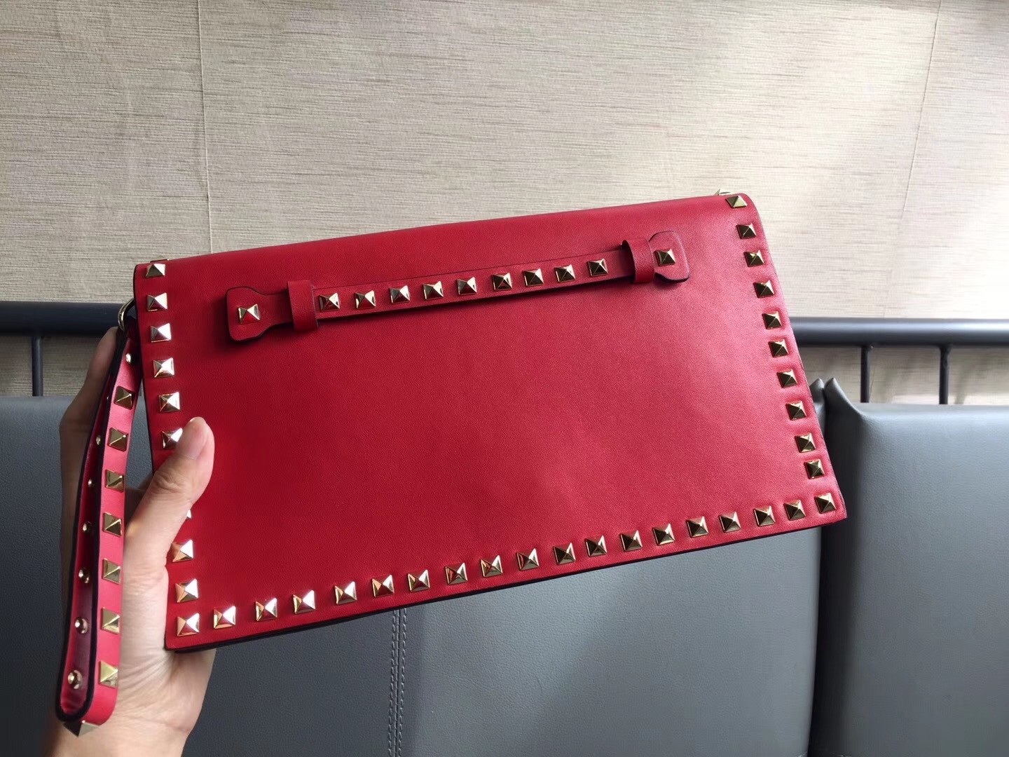 Valentino Rockstud Medium Clutch In Red Calfskin