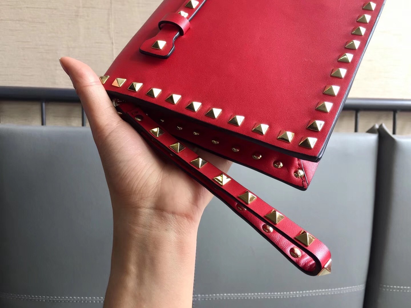 Valentino Rockstud Medium Clutch In Red Calfskin
