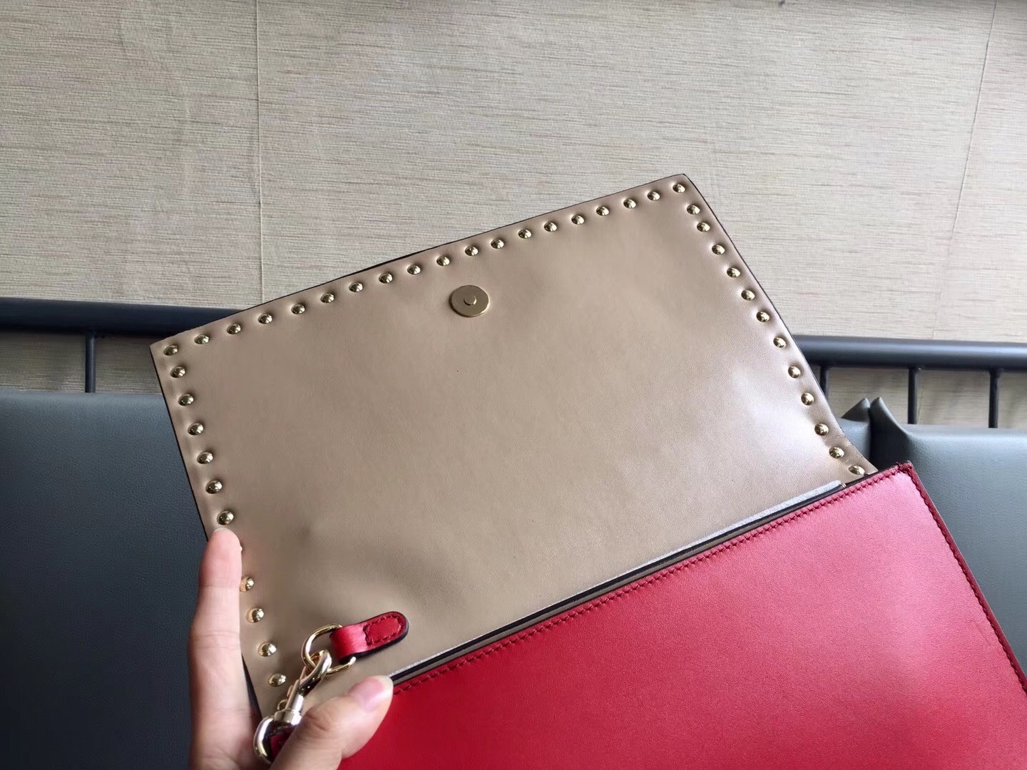 Valentino Rockstud Medium Clutch In Red Calfskin