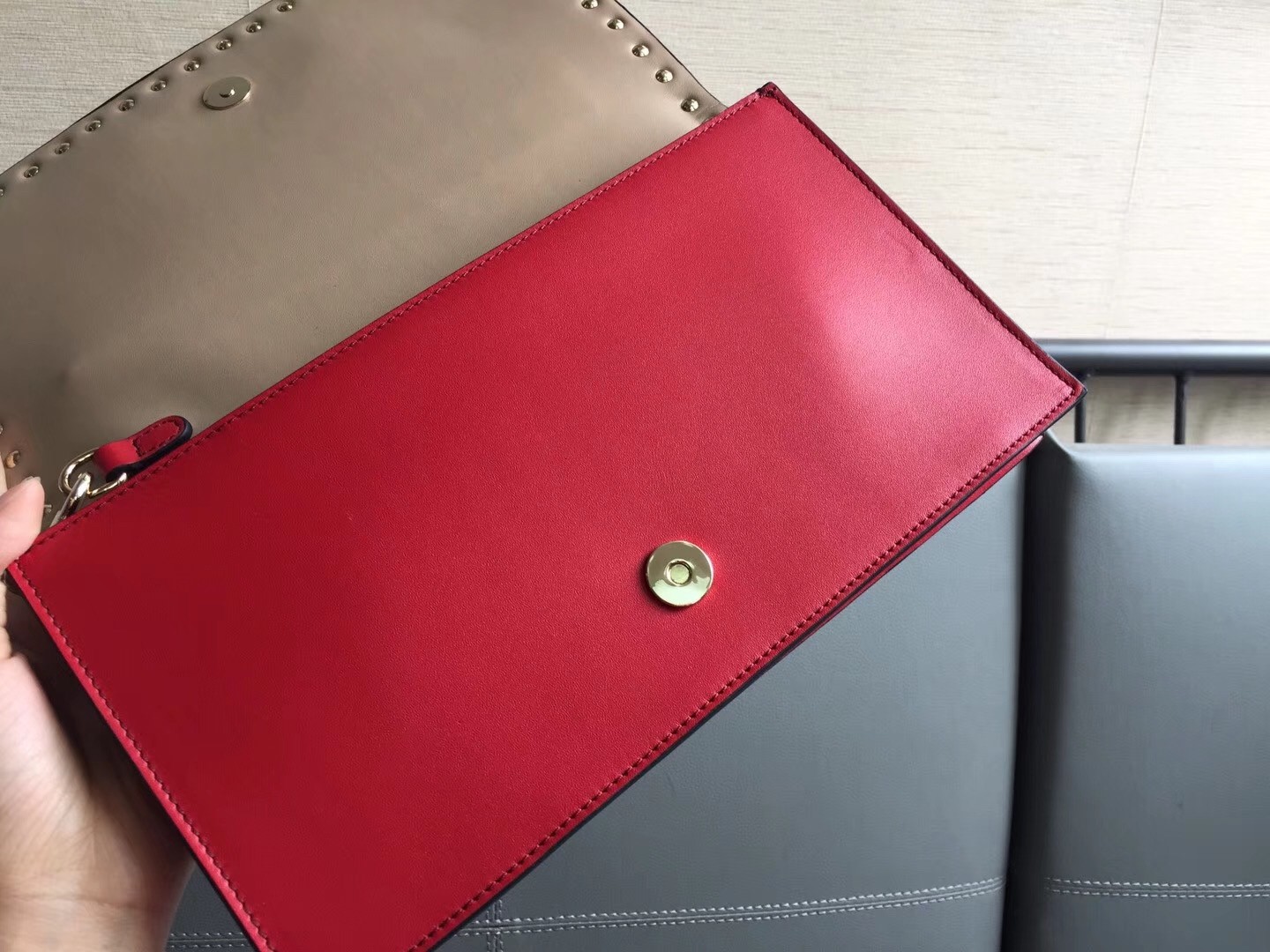 Valentino Rockstud Medium Clutch In Red Calfskin