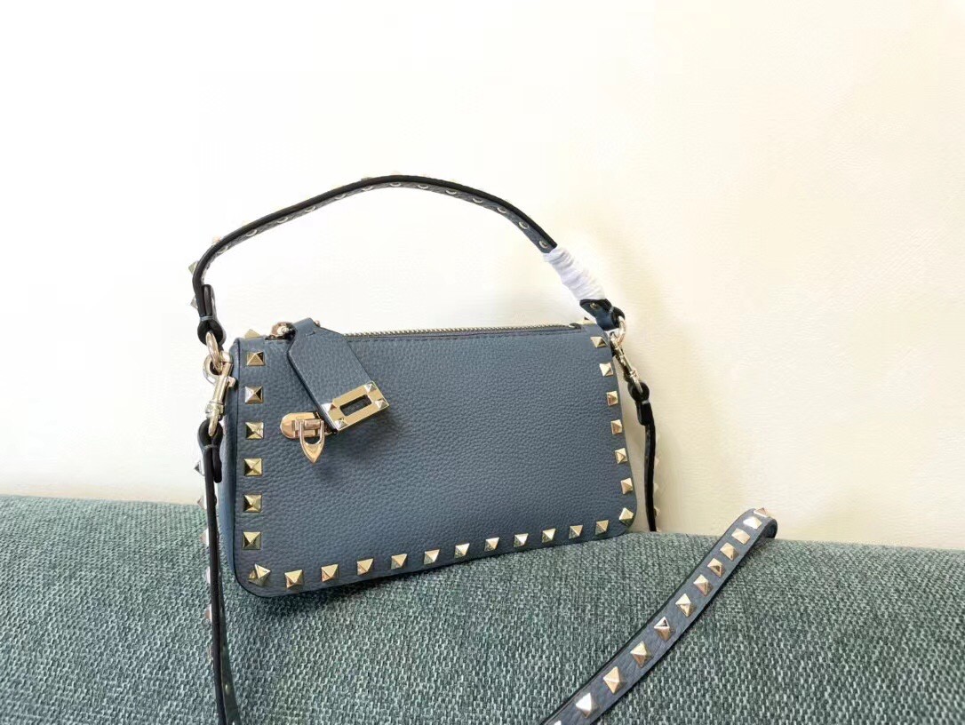 Valentino Rockstud Small Crossbody Bag In Blue Grained Calfskin