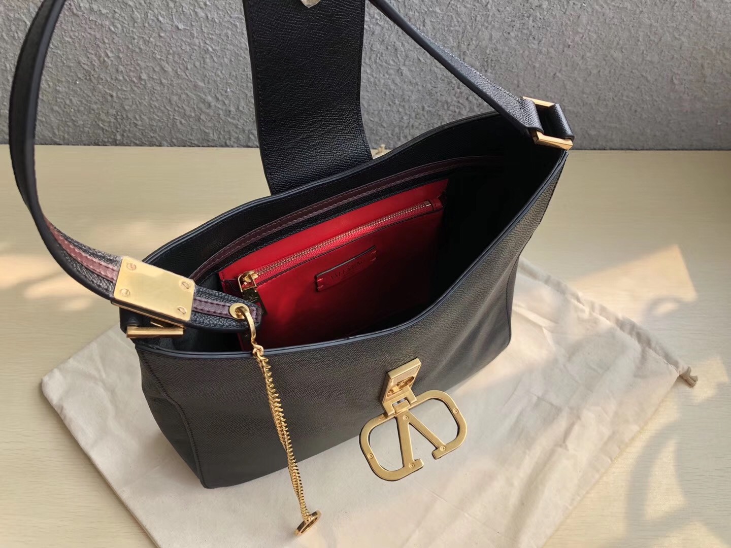 Valentino Vsling Hobo Bag In Black Grainy Calfskin