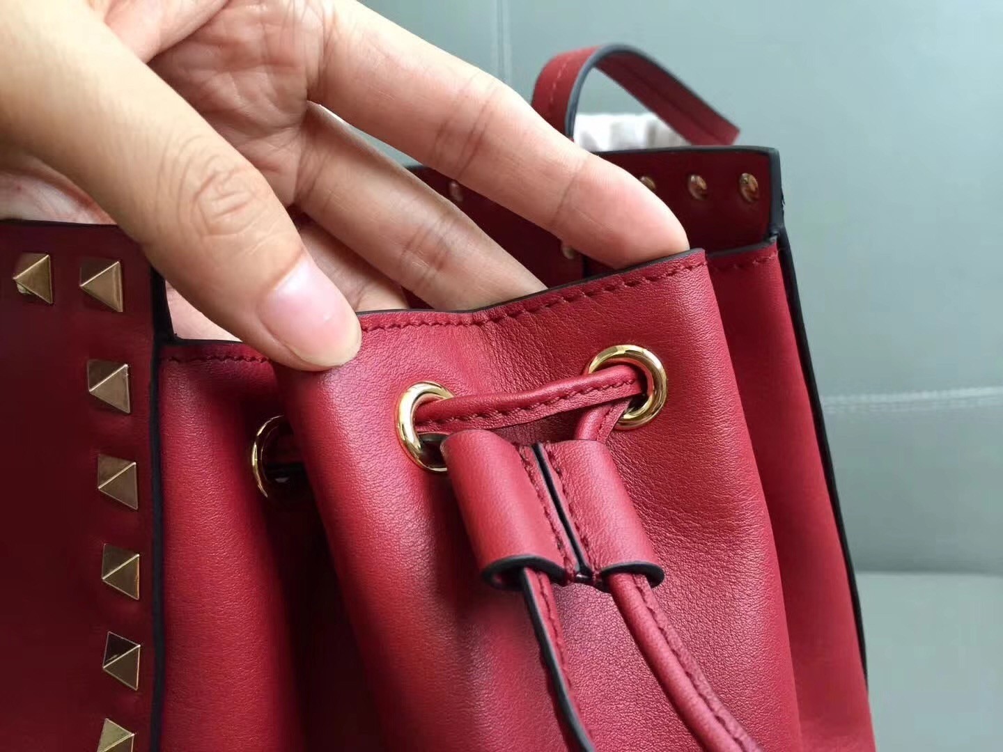 Valentino Red Rockstud Double Handle Drawstring Bag
