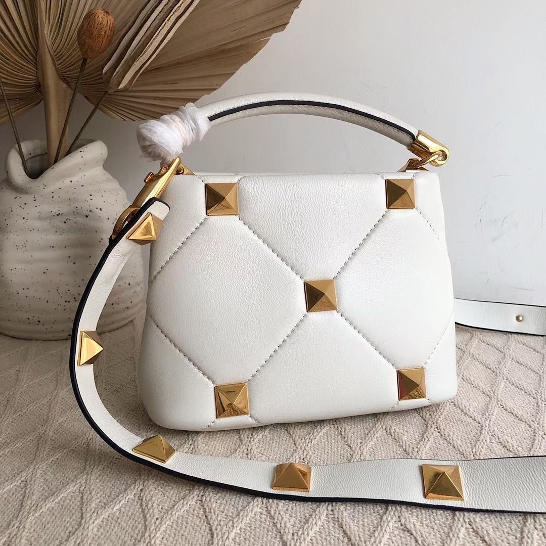 Valentino Small Roman Stud Top Handle Bag In White Nappa