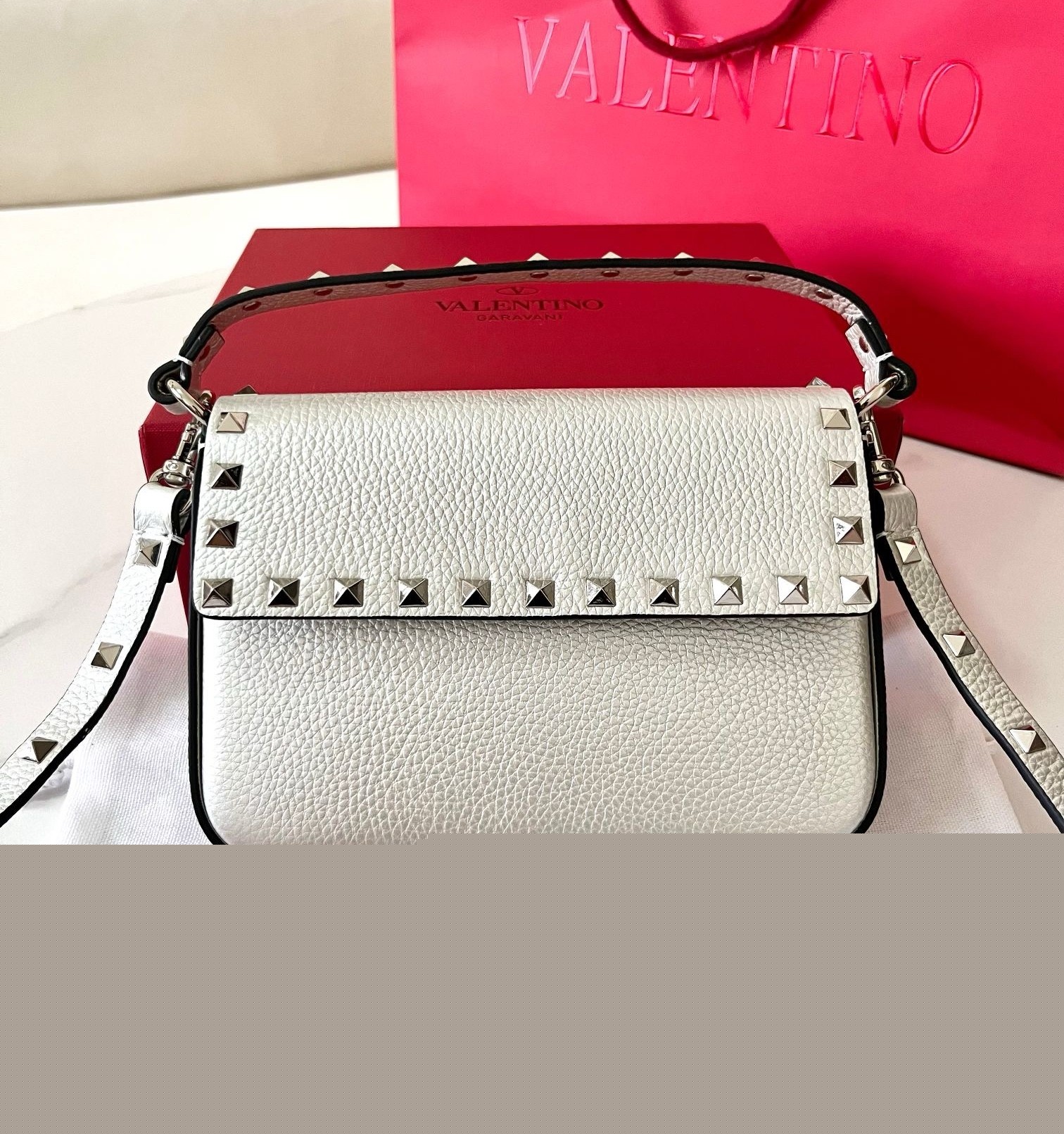 Valentino Rockstud Pouch Bag in White Grained Leather