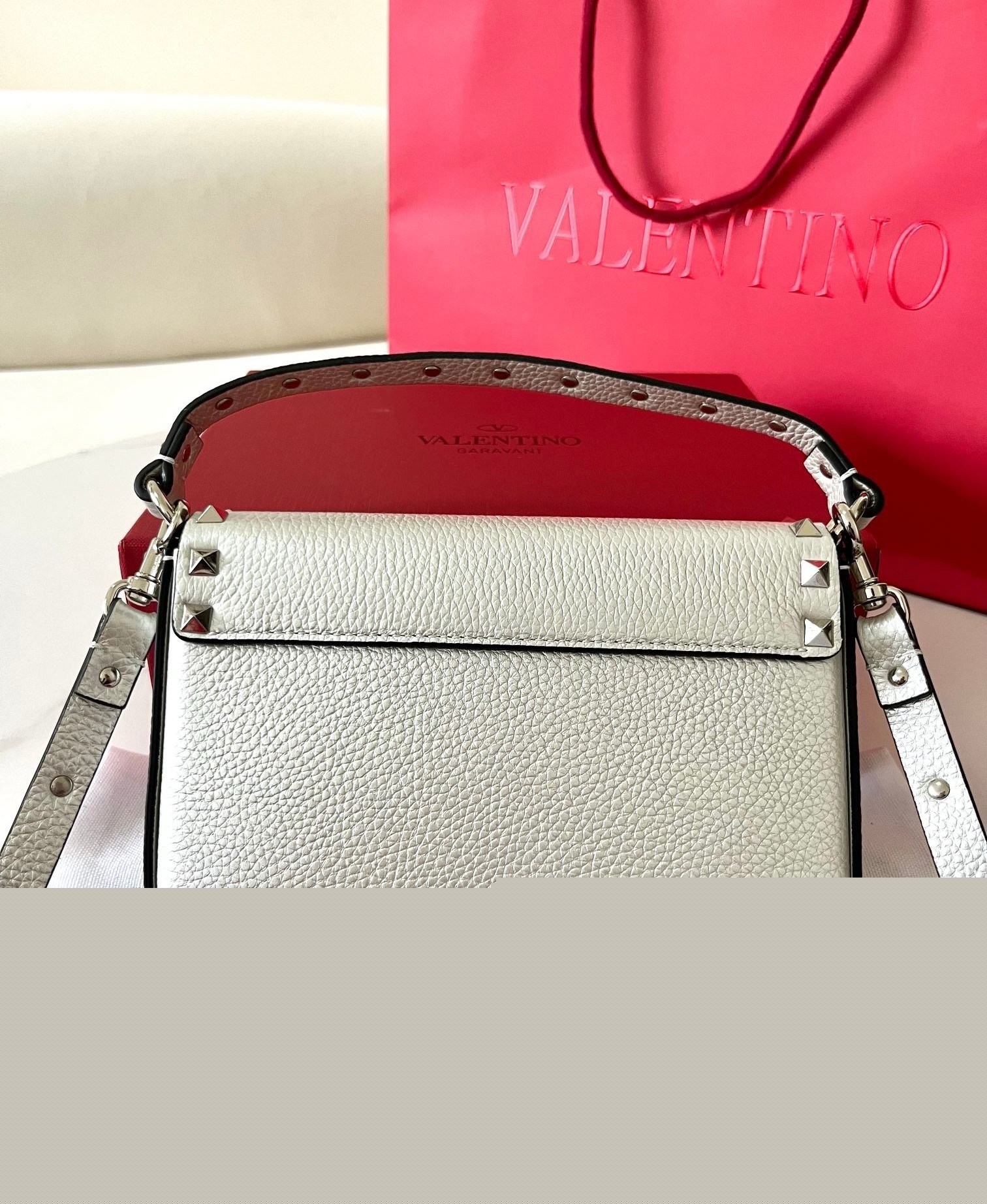 Valentino Rockstud Pouch Bag in White Grained Leather