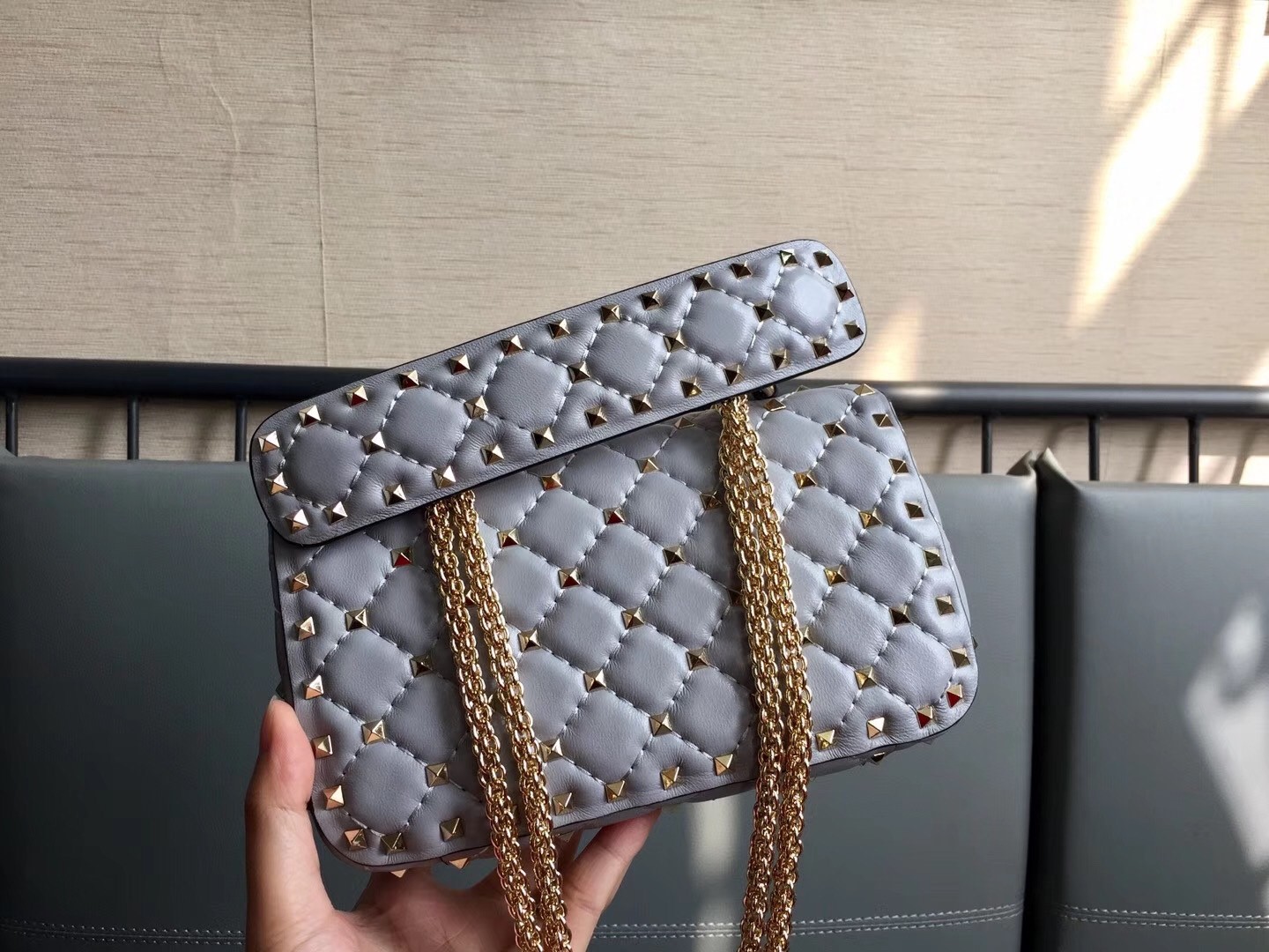 Valentino Rockstud Spike Small Bag In Pale Blue Lambskin