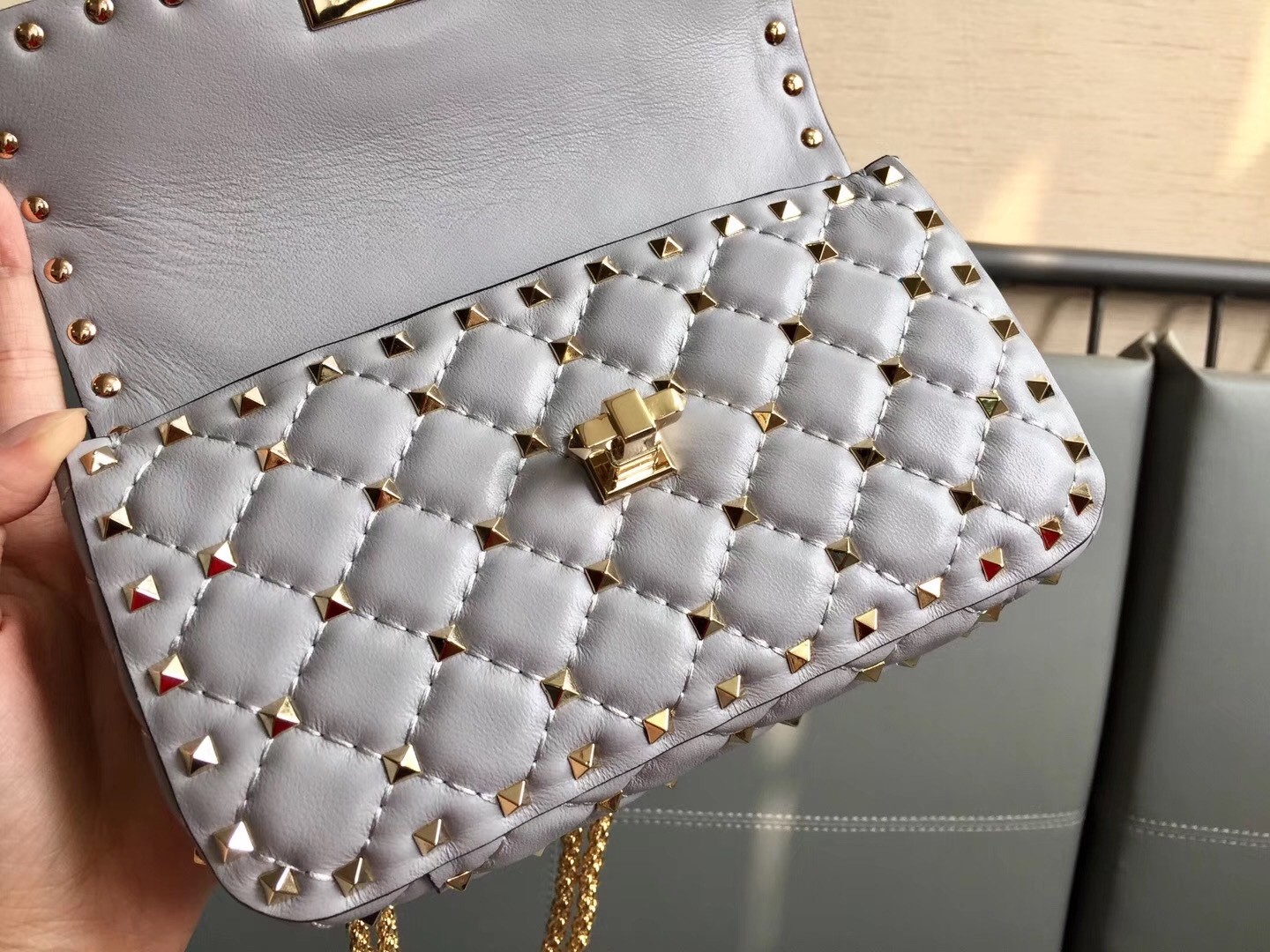 Valentino Rockstud Spike Small Bag In Pale Blue Lambskin