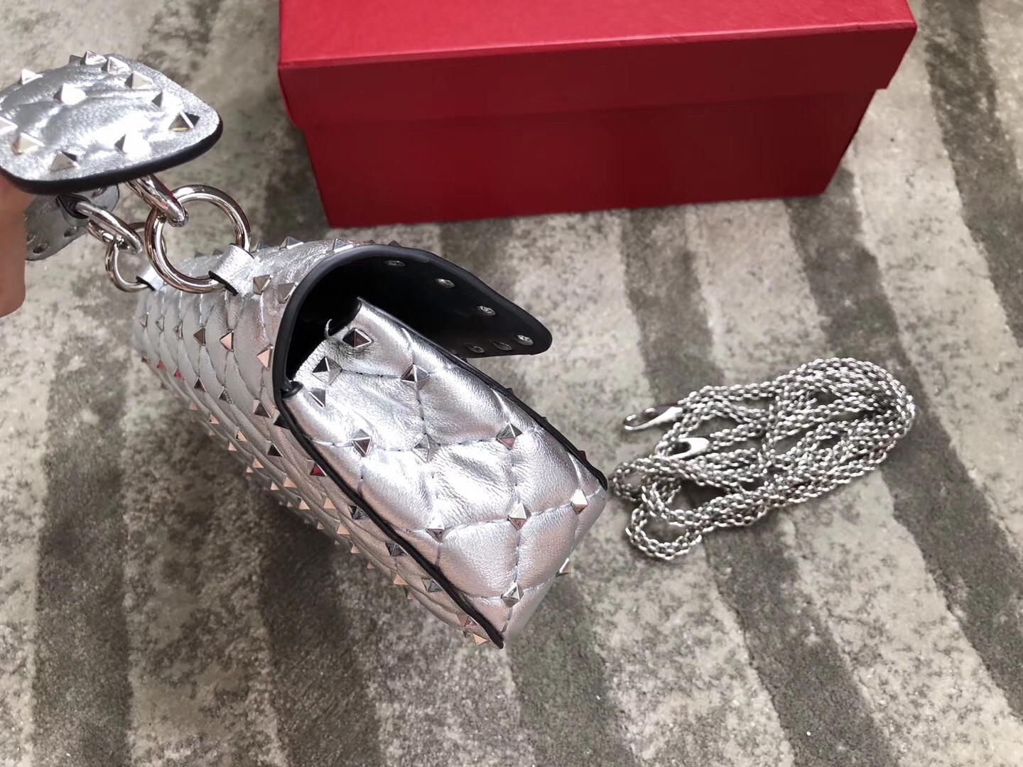Valentino Rockstud Spike Small Bag In Silver Metallic Lambskin