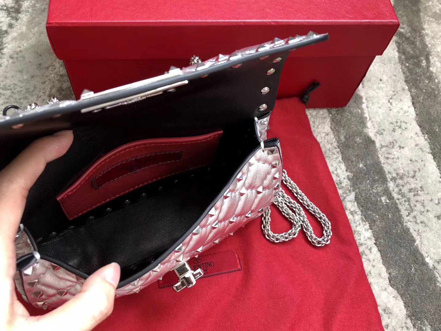 Valentino Rockstud Spike Small Bag In Silver Metallic Lambskin