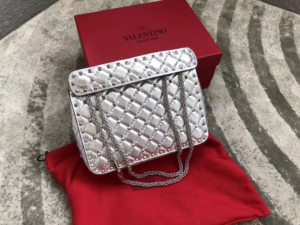 Valentino Rockstud Spike Medium Bag In Silver Metallic Lambskin