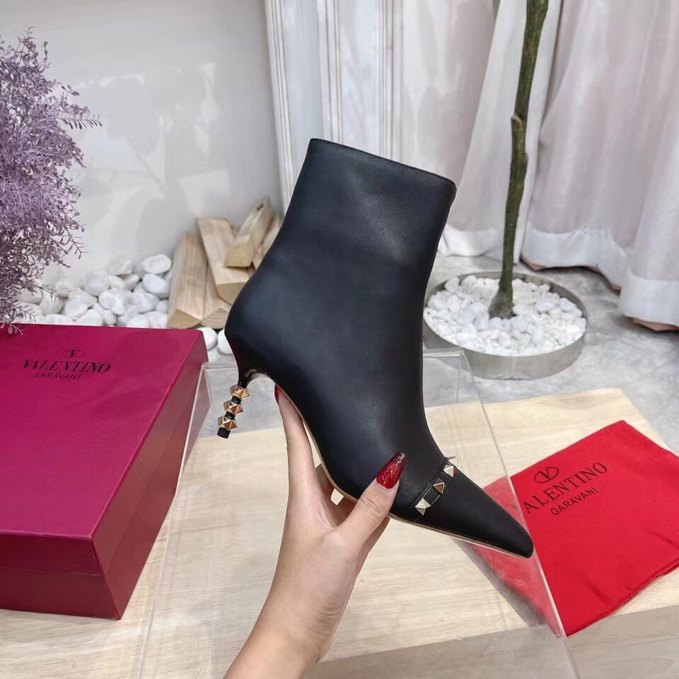 Valentino Black Rockstud Ankle Boots with Sculpted Heel