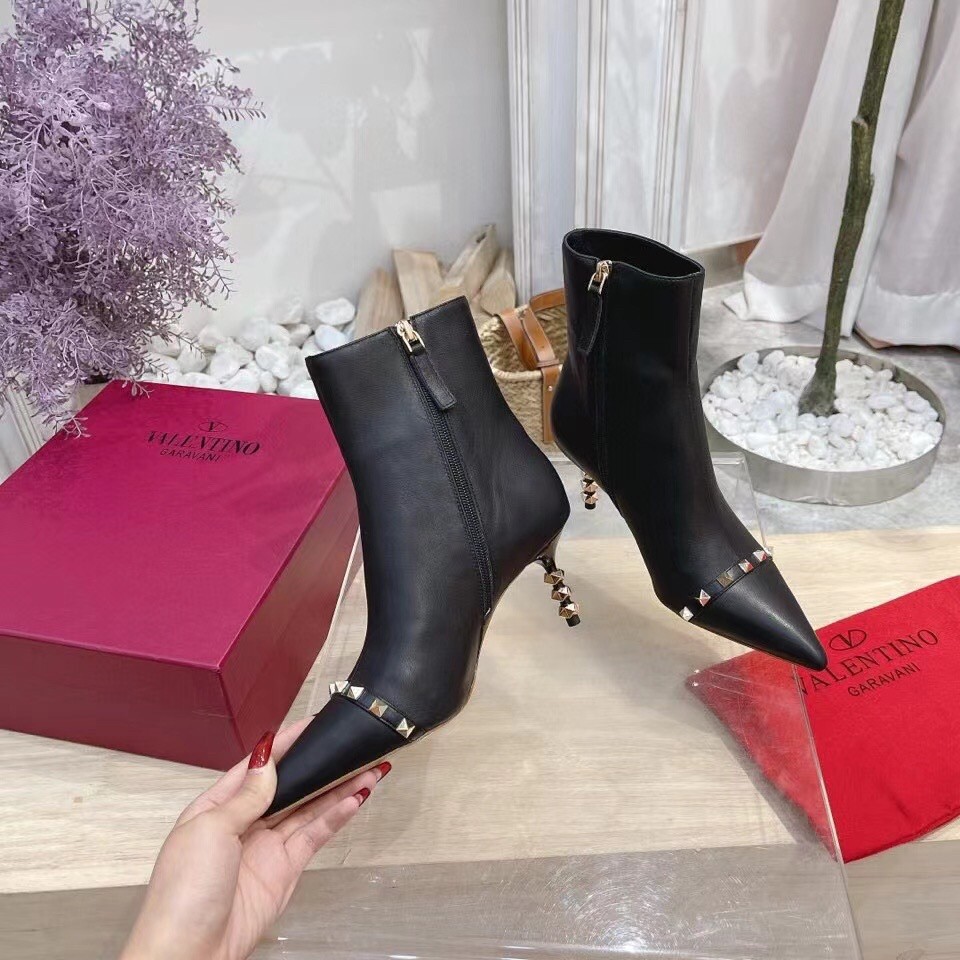 Valentino Black Rockstud Ankle Boots with Sculpted Heel