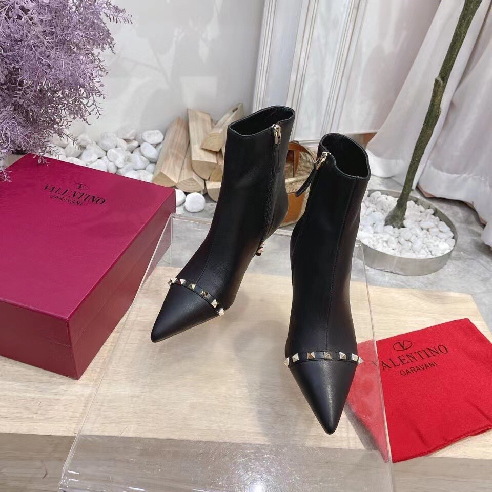 Valentino Black Rockstud Ankle Boots with Sculpted Heel