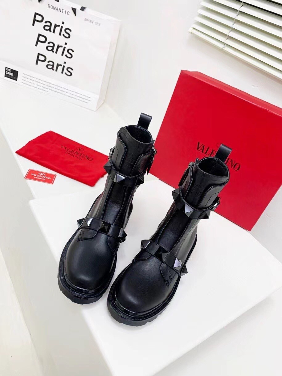 Valentino Black Roman Stud Combat Boots with Tonal Studs