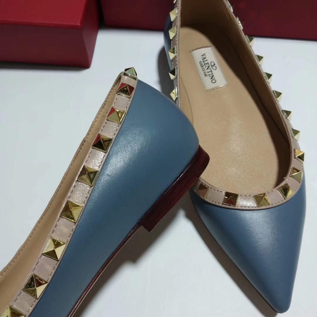 Valentino Rockstud Ballet Flats In Blue Calfskin