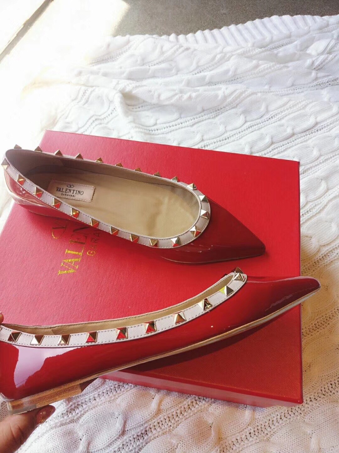 Valentino Rockstud Ballet Flats In Red Patent Leather