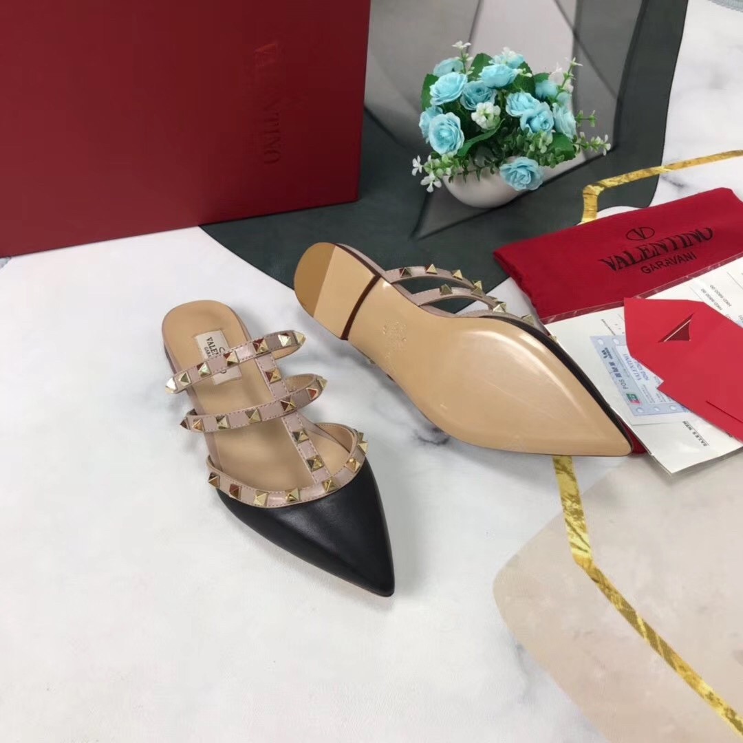 Valentino Rockstud Flat Mules In Black Nappa Leather