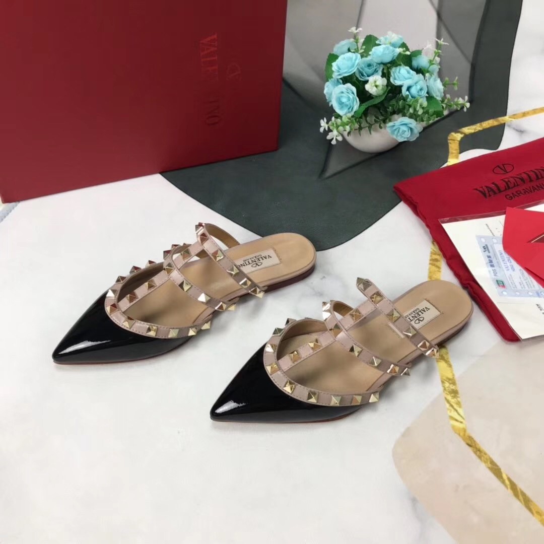 Valentino Rockstud Flat Mules In Black Patent Leather