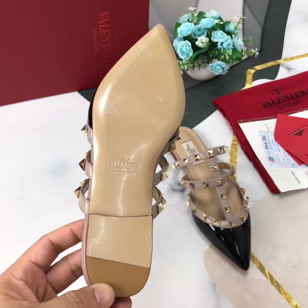 Valentino Rockstud Flat Mules In Black Patent Leather