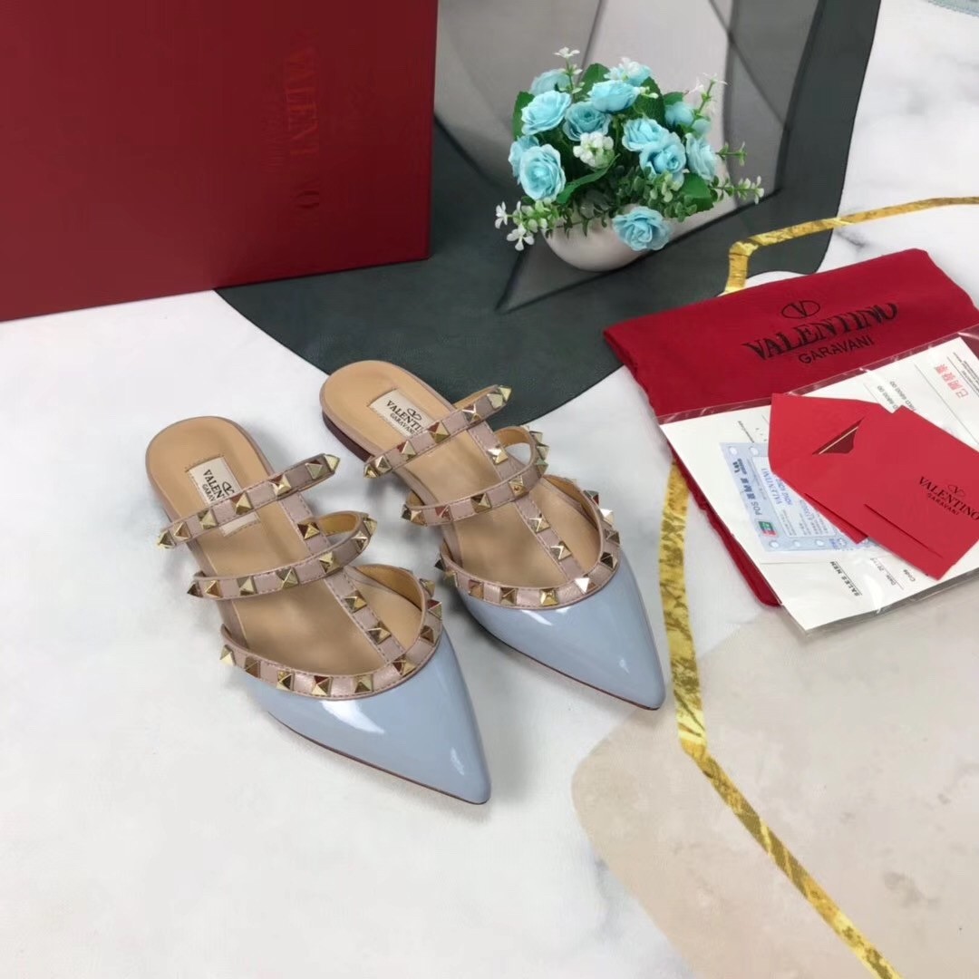 Valentino Rockstud Flat Mules In Blue Patent Leather