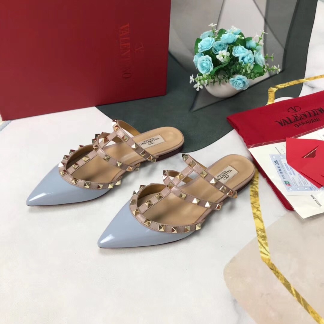 Valentino Rockstud Flat Mules In Blue Patent Leather