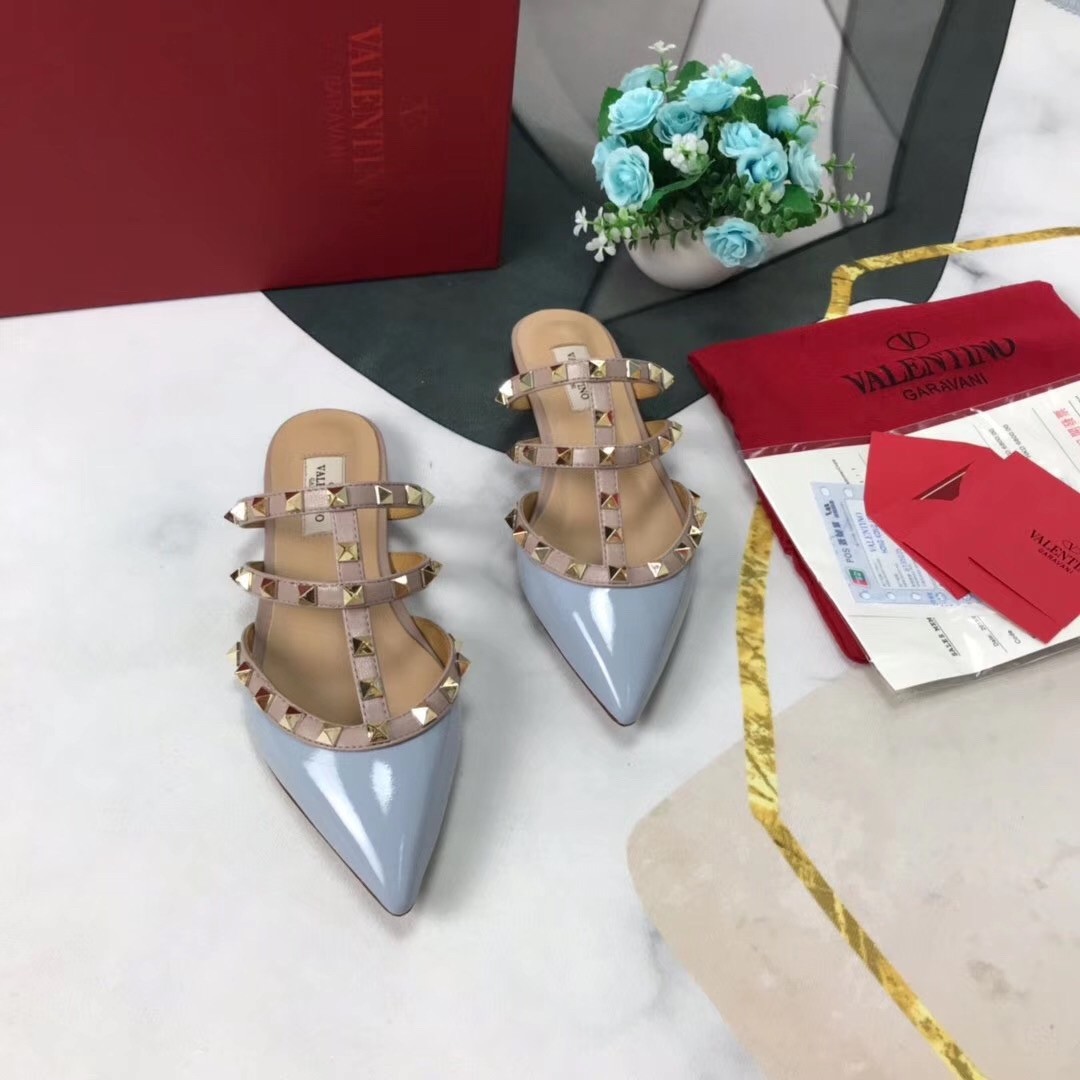 Valentino Rockstud Flat Mules In Blue Patent Leather