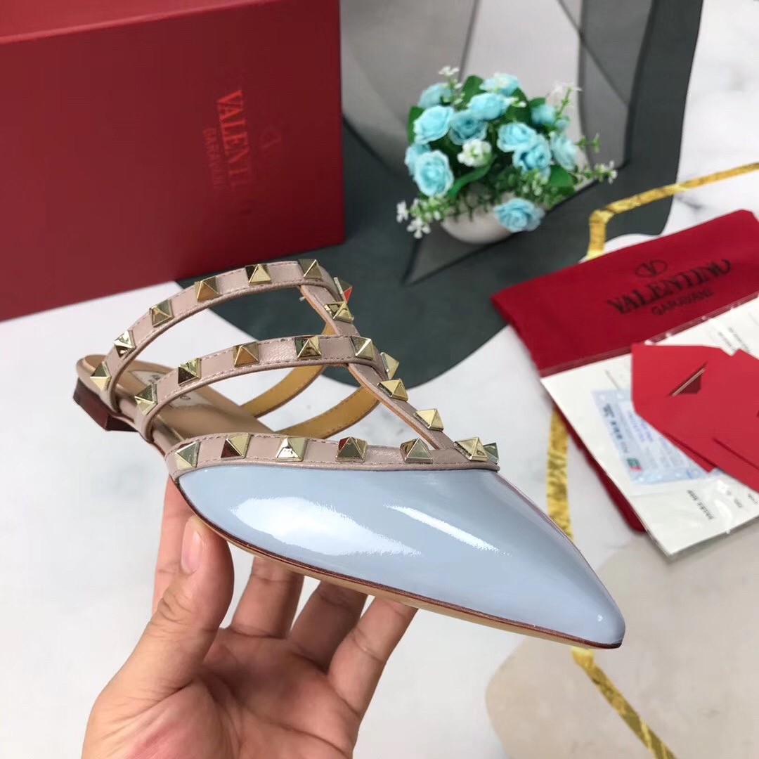 Valentino Rockstud Flat Mules In Blue Patent Leather