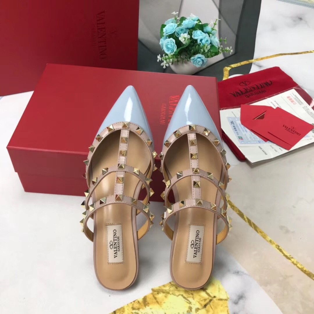 Valentino Rockstud Flat Mules In Blue Patent Leather