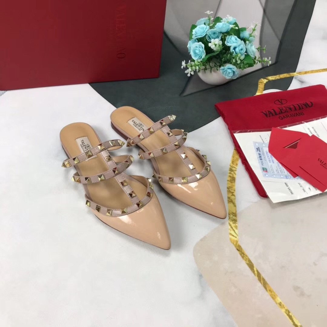 Valentino Rockstud Flat Mules In Poudre Patent Leather
