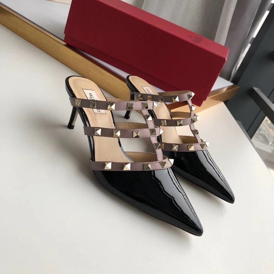 Valentino Rockstud Mules 50mm In Black Patent Leather