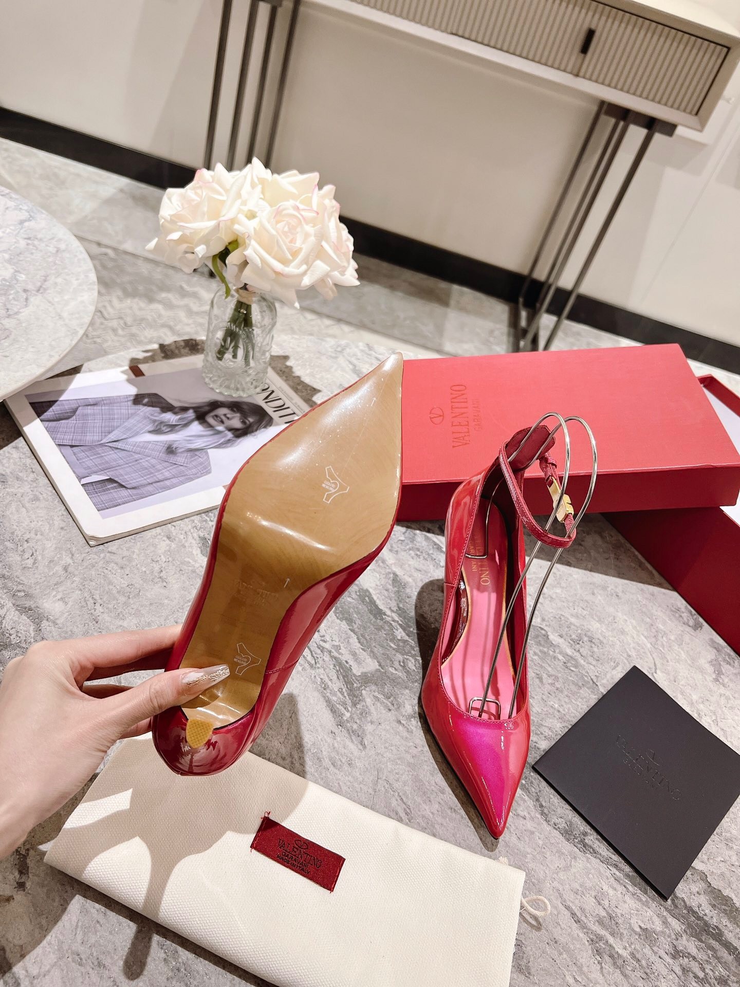 Valentino Tan-Go Pumps 100mm In Rose Red Patent Leather