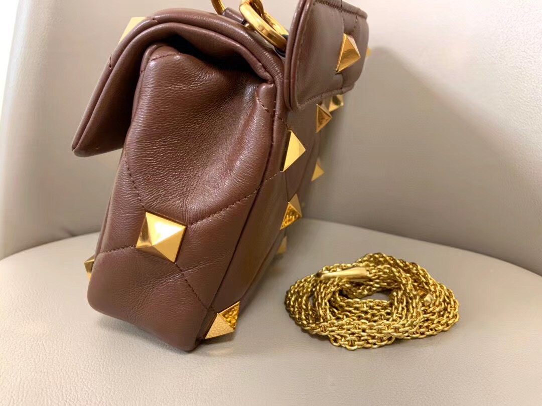 Valentino Medium Roman Stud Chain Bag In Teak Brown Nappa