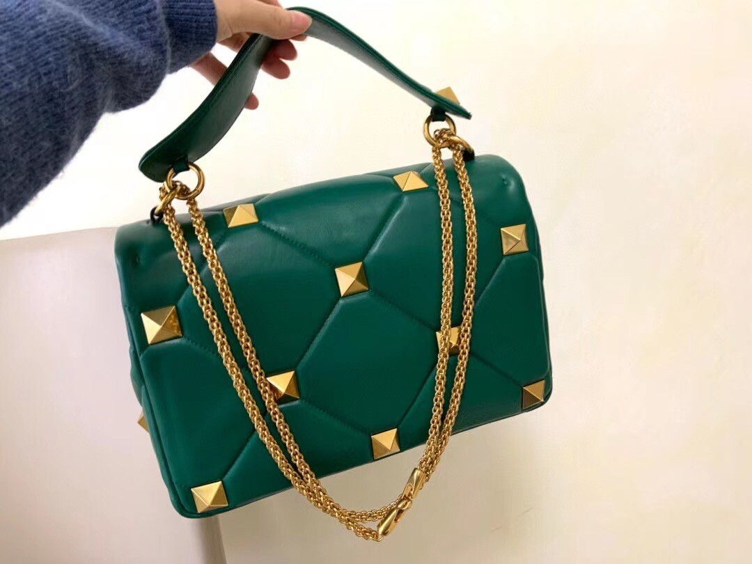 Valentino Roman Stud Chain Bag In Green Lambskin