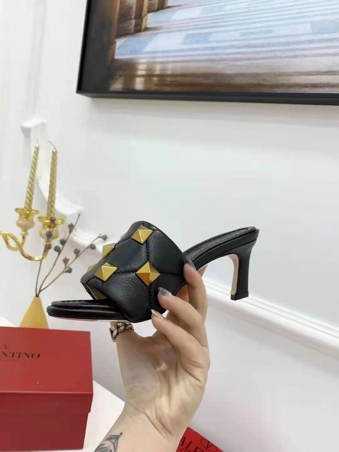 Valentino Roman Stud Slide Sandals 65mm In Black Lambskin