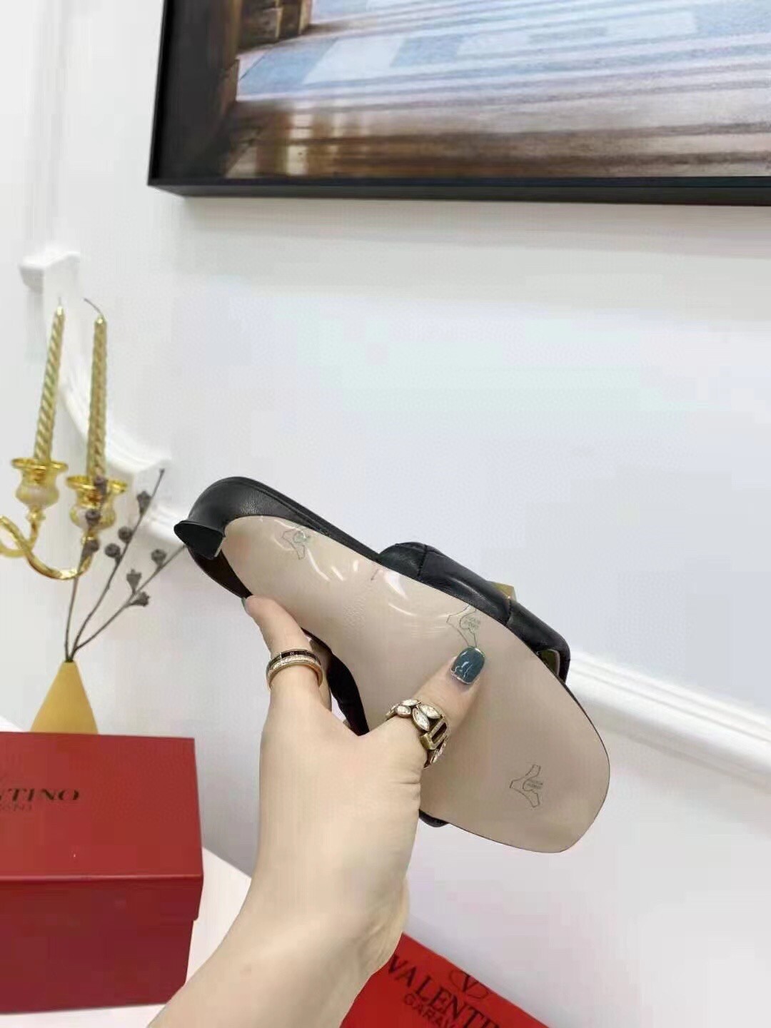 Valentino Roman Stud Slide Sandals 65mm In Black Lambskin
