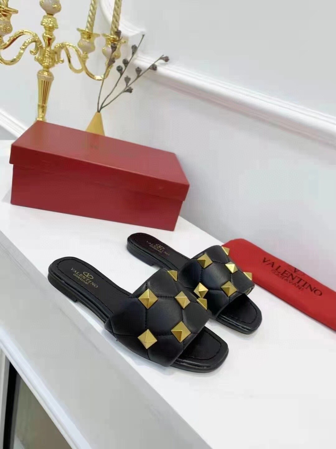 Valentino Roman Stud Slide Sandals In Black Nappa Leather
