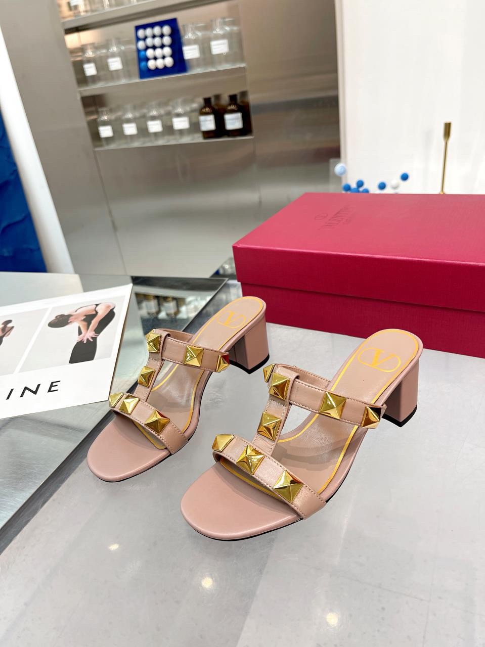 Valentino Roman Stud Slide Sandals 60mm In Rose Cannelle Calfskin